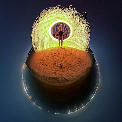 A light painting with the Tiny Planet effect