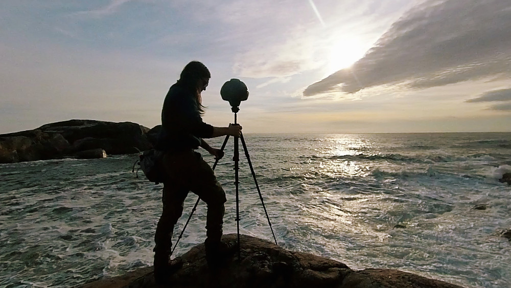 JF setting up Insta360 Titan for a shot by the sea.