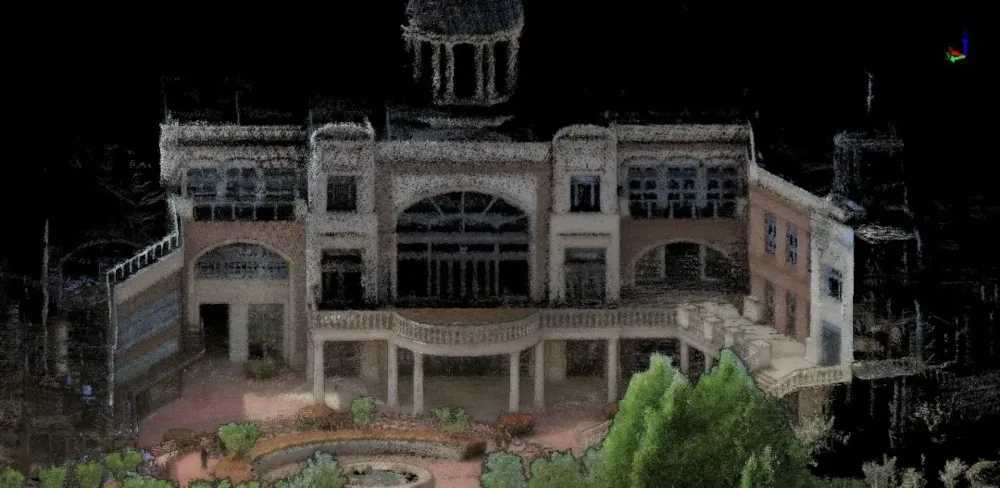 Colored LiDAR scan of front of building.
