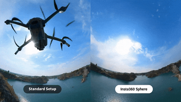 Comparing the uninterrupted view from Insta360 Sphere footage versus a standard setup with a 360 camera mounted on a drone.