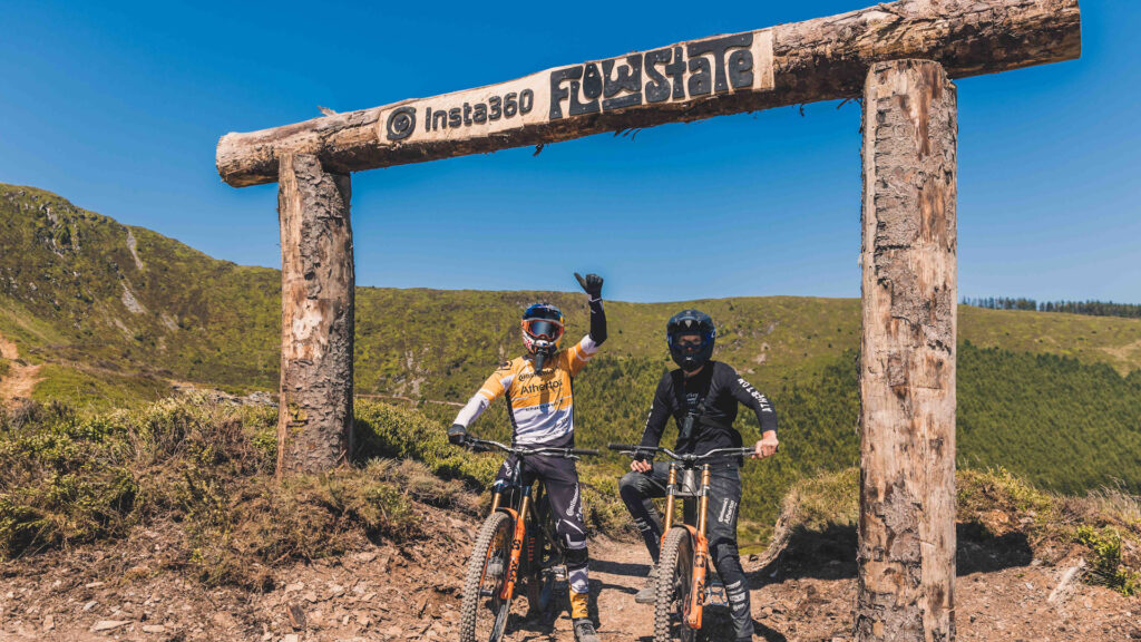Dan and Gee Atherton at the starting point of the FlowState mountain bike track.