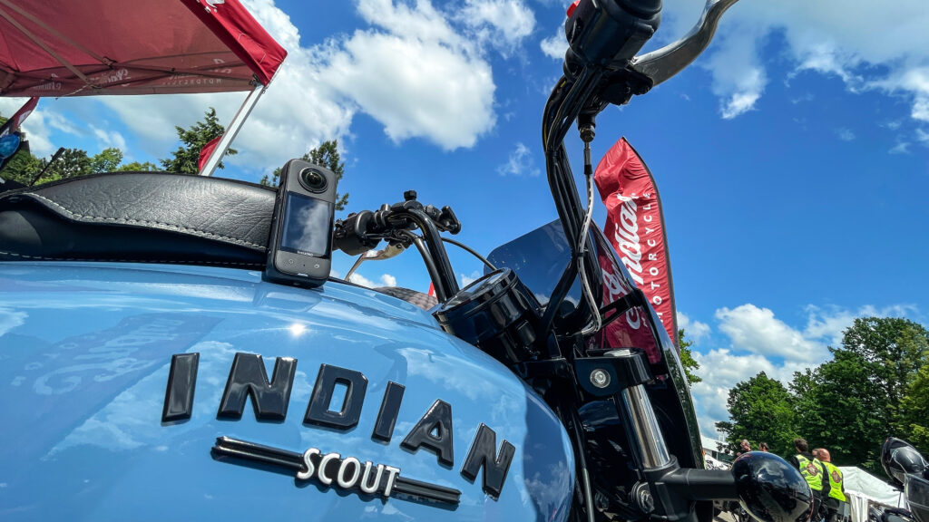 Shot of an Insta360 X3 on an Indian Motorcycle bike.