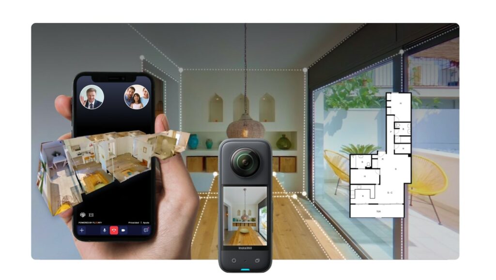 Insta360 X3 in the middle, Floorfy app on Iphone on the left, floorplane of the estate on the right