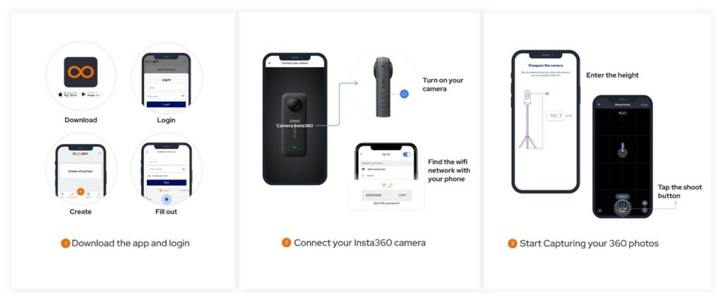 Learning how to capture virtual tours in three steps.
Step 1: download the app
Step 2: connect your Insta360 camera
Step 3: Start capturing