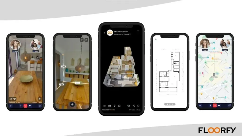 snapshots of Floorfy app features such as measurments, virtual plan, houseplan, and map