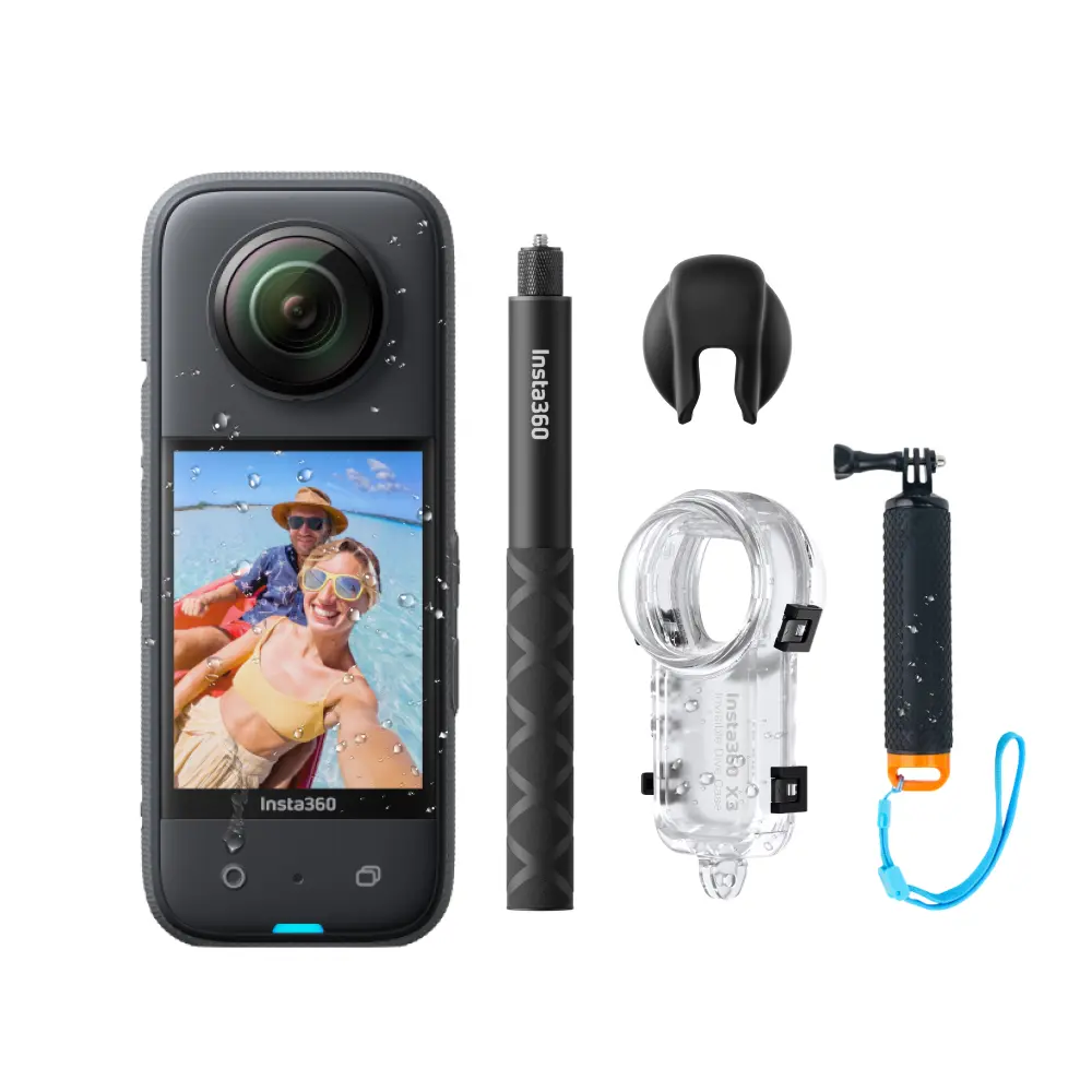 Contents of the Insta360 Invisible Dive Kit including the X3 camera, X3 Invisible Dive Case, 114cm Invisible Selfie Stick, Floating Hand Grip, and Lens Cap.
