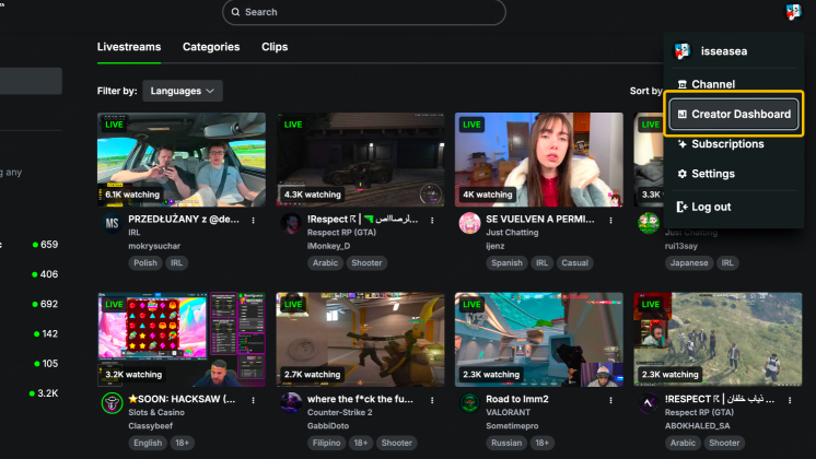 kick creator dashboard page