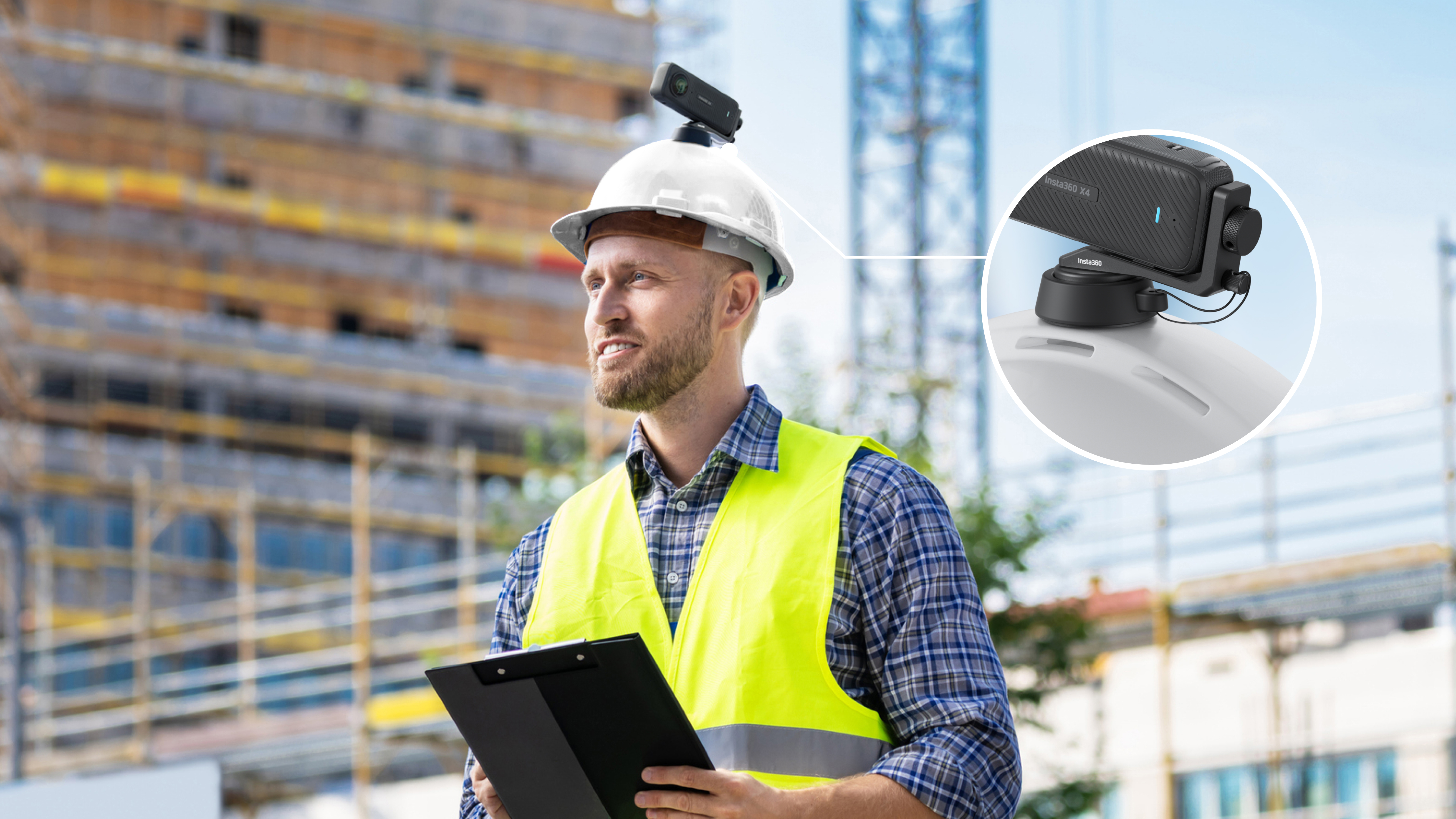 A construction site worker in a yellow high-vis with Insta360 X4 mounted onto his hard hat.