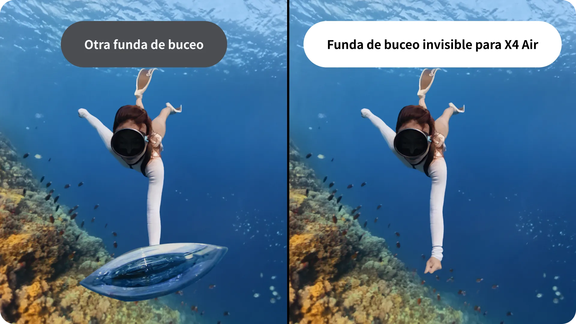 Funda de buceo invisible Insta360 X4 Air bajo el agua