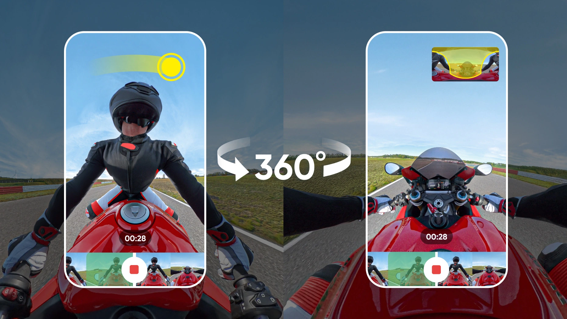 With 360º video capturing everything around you, hit record, focus on your ride, and pick the best angles later with AI-powered reframing tools in the Insta360 app.