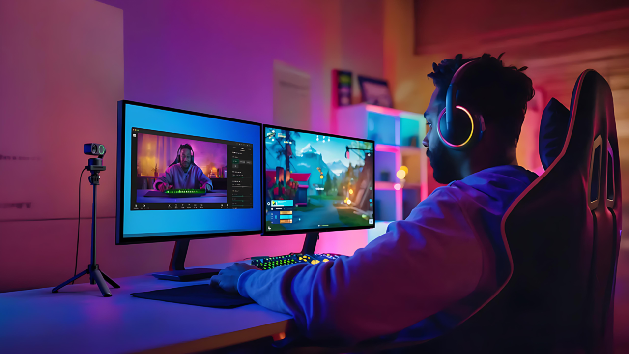 gamer using insta360 link 2 webcam to record and stream game