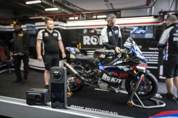 A shot on Insta360 GO 3S and X3 in BMW ROKit Racing's pit garage.