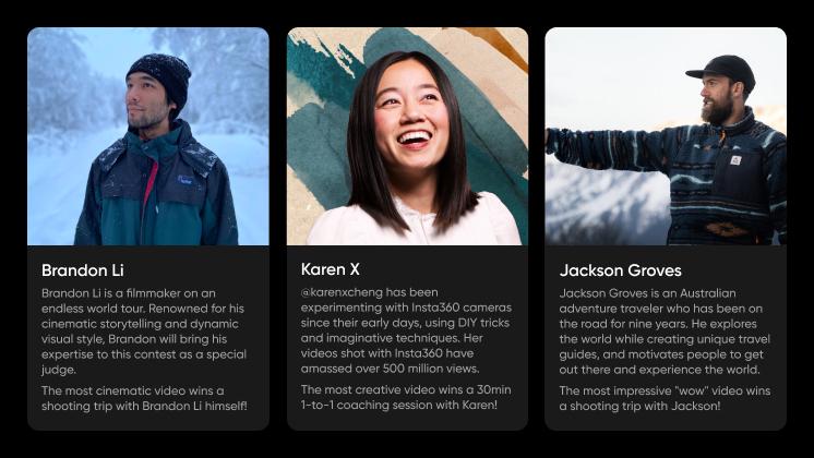 A lineup of the special judges for Insta360's #100KMoments contest.