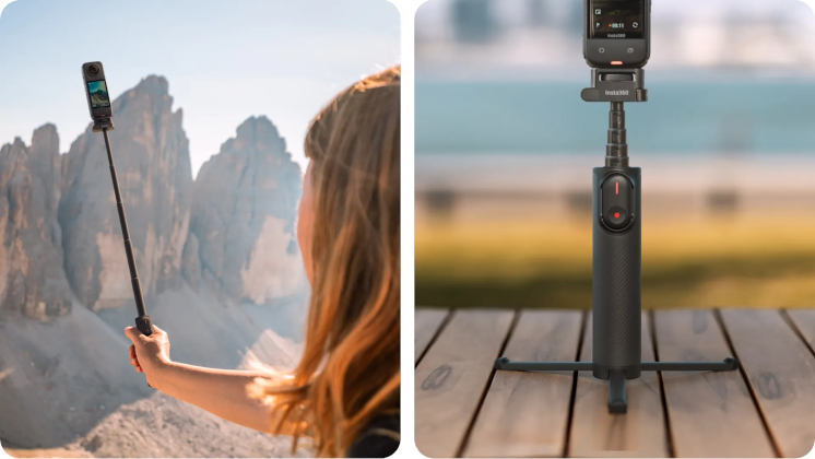 Girl recording beautiful scenery with Insta360 X5 Foldable Selfie Stick Bundle, also showcasing Foldable 2-in-1 Selfie Stick with tripod function