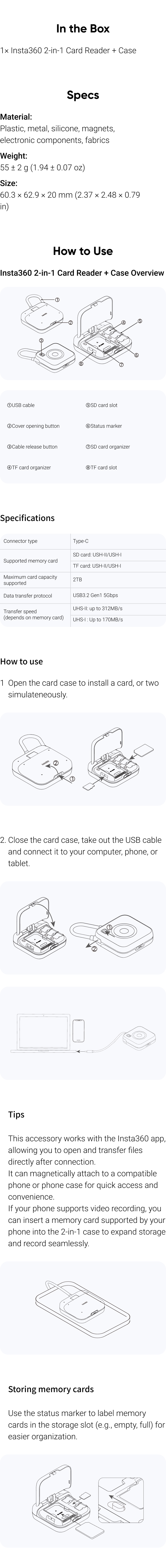 Insta360 Lecteur De Cartes 2 En 1 + étui