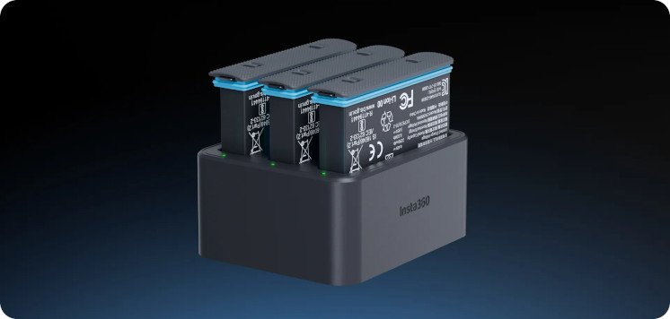 An Insta360 Fast Charge Hub with three batteries inside.