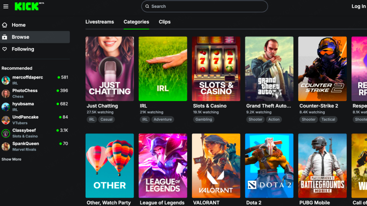 kick streaming categories