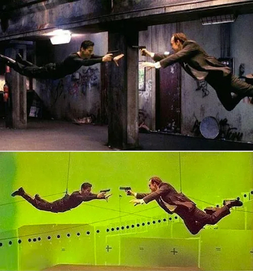Top half showing the filming of a scene in The Matrix movie using green screen, the bottom half showing the final result in the film