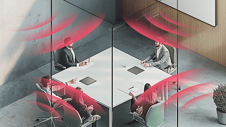 A diagram of how audio is echoed and reflected from glass in a meeting room discussion.