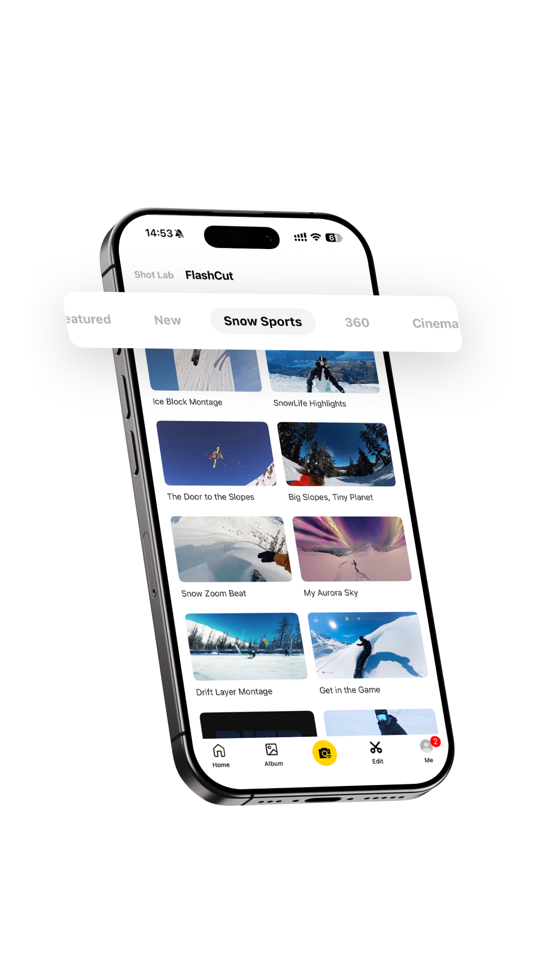 A mobile phone with the Insta360 app displayed on the touchscreen. The Insta360 app is on the FlashCut page and displays different snow sports templates.