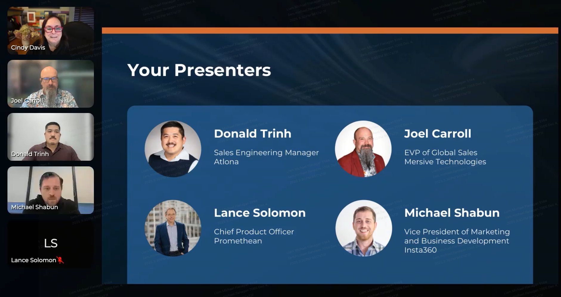 A screenshot from the online webinar meeting, showing the speaker introductions.