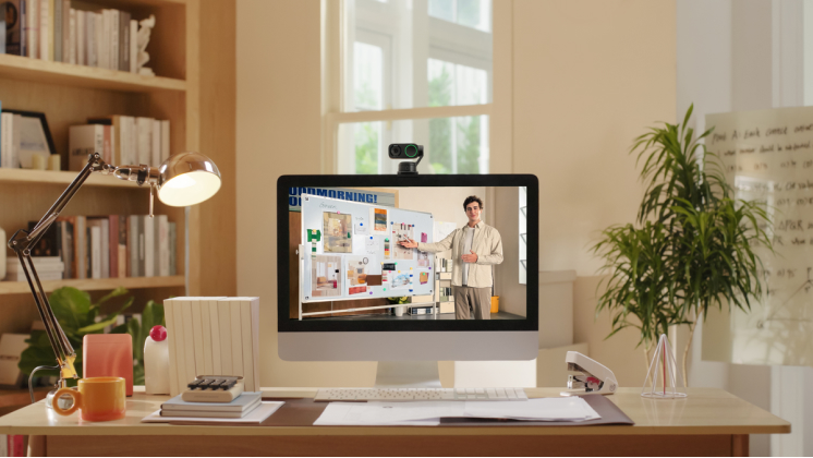 Insta360 Link 2 pictured on top of a Mac as part of an ideal work setup.