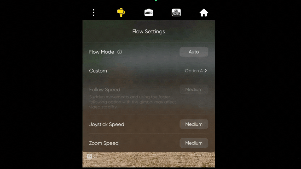 The interface of a phone showing the Settings page of Insta360 Flow Pro. Tracking sensitity is changed to "Sensitive", and Horse Tracking is turned on.