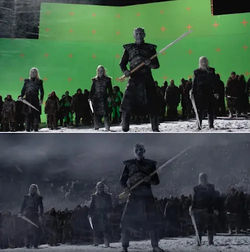 Top half showing the filming of a scene in Game of Thrones using green screen, the bottom half showing the final result in the show