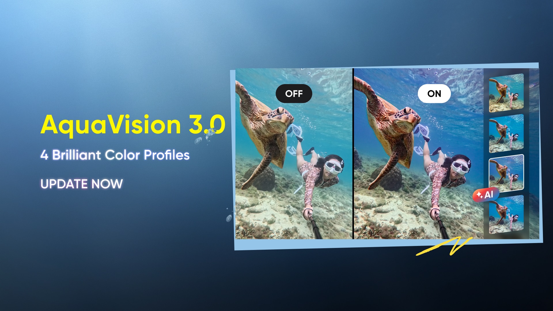 Download the new Diving Update in the Insta360 app and get AquaVision 3.0 for Insta360 Ace Pro 2 and X5.