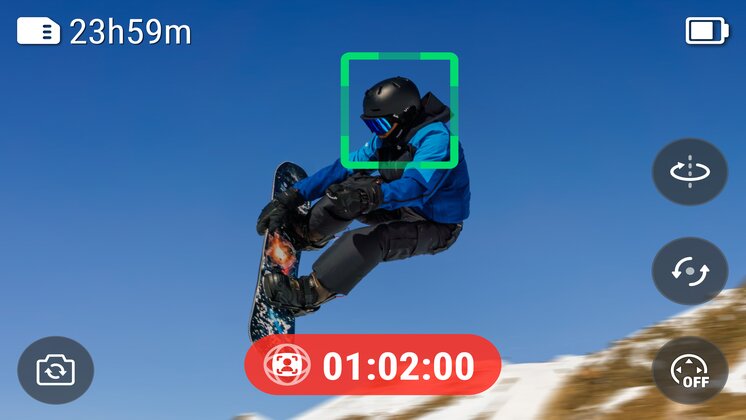 New InstaFrame 2.0 interface on Insta360 cameras. It shown a snowboarder jumping with a green tracking box around his head, indicating the camera is tracking him as it films.