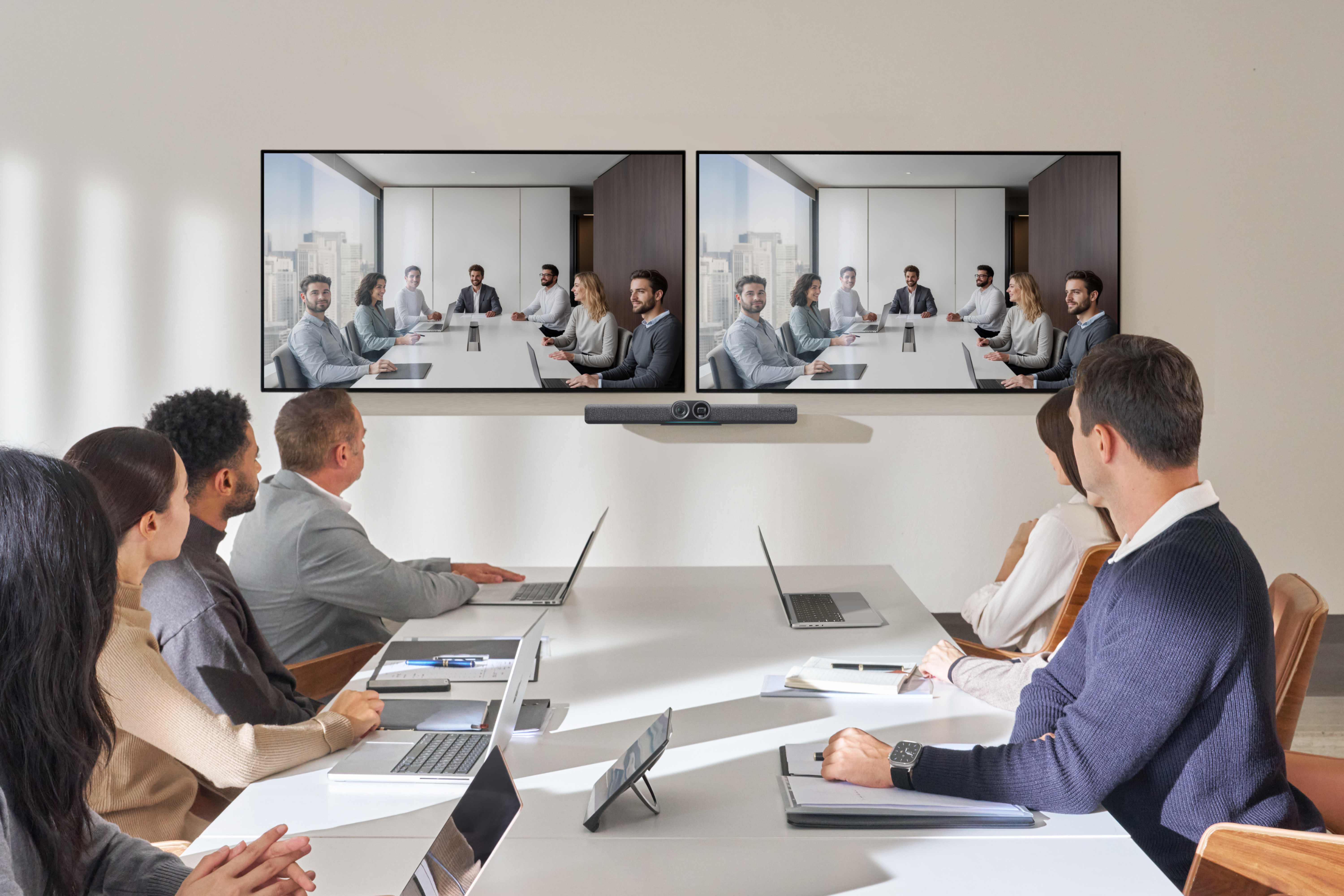 A group of people in a meeting. There are two screens displayed on the wall.