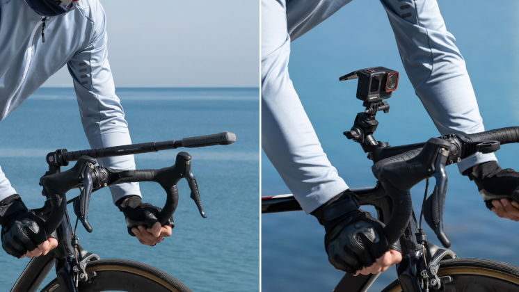 The Insta360 Bike Headset Cap Mount attached to a bike with Insta360 X4 on a selfie stick in one picture, and Insta360 Ace Pro in another picture.