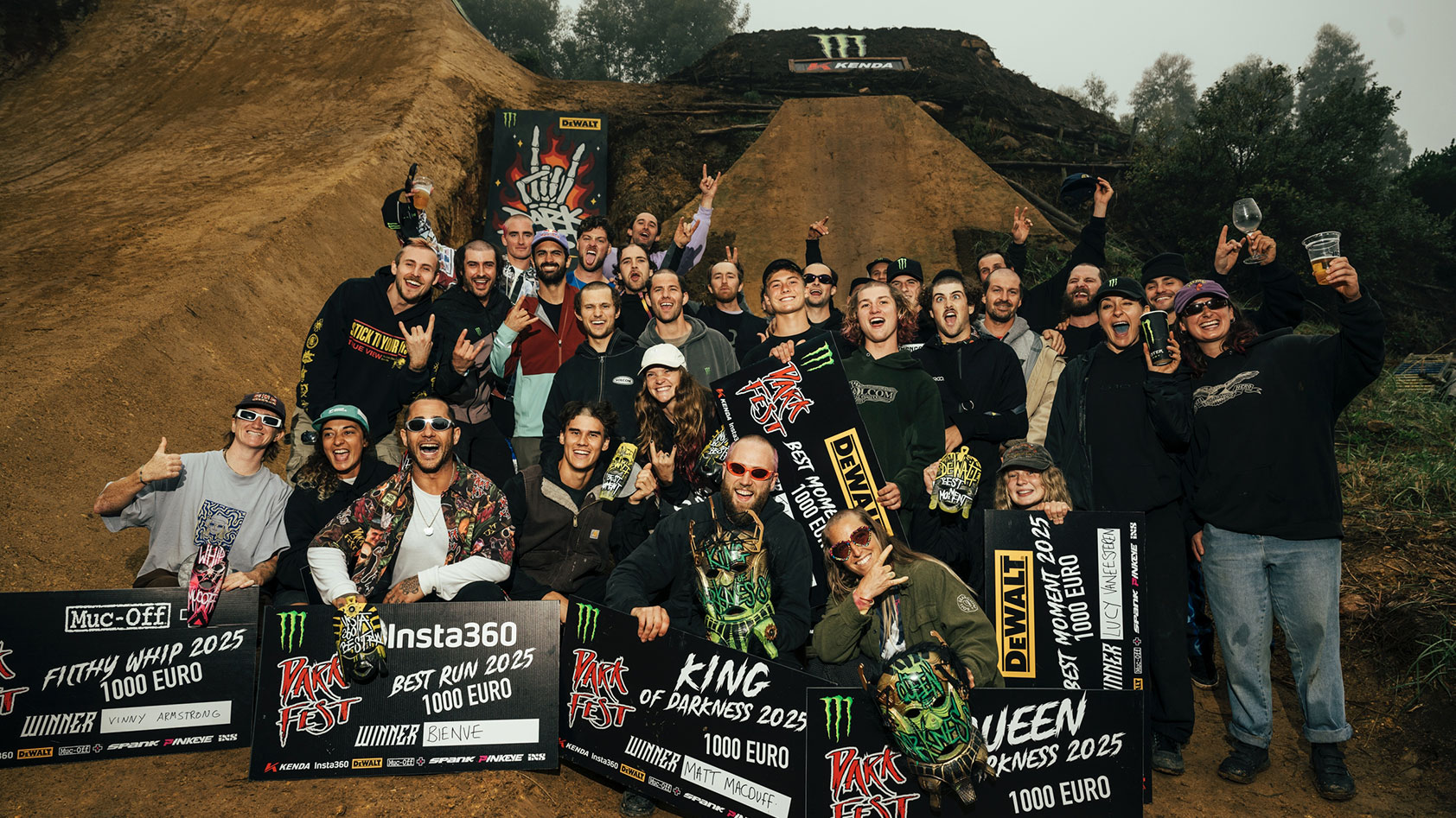 All participating riders and Insta360 Award winners pictured at the end of Darkfest 2025.