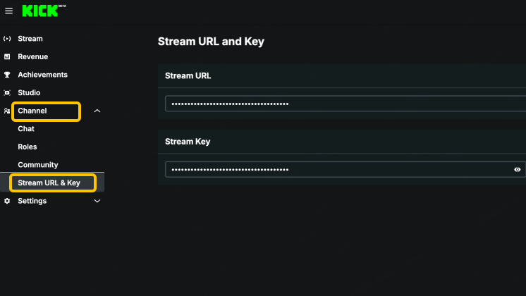 kick stream url and key page