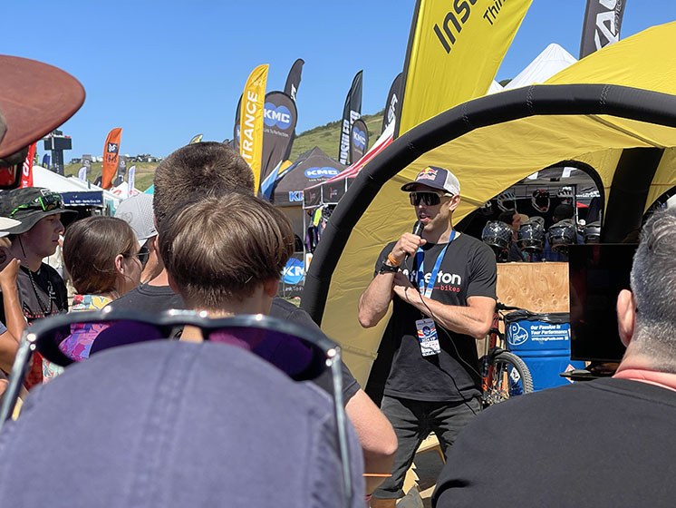 Gee Atheton speaking at Sea Otter Classic with Insta360.
