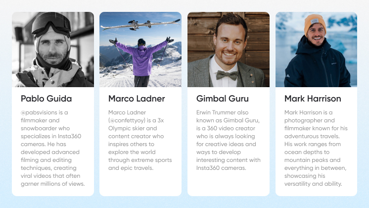 Judges bios for the Insta360 Outdoor Adventure Challenge, a new award for Insta360 users. 