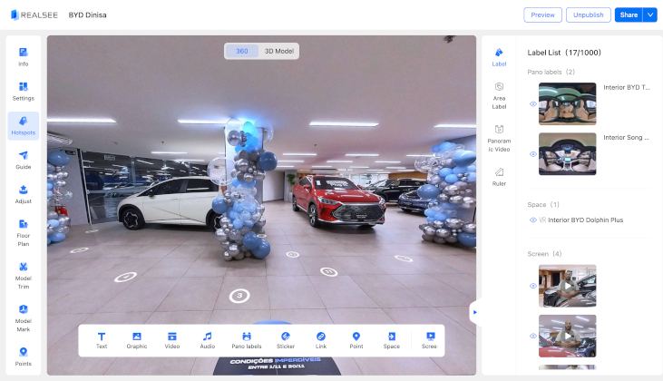 Image of using multimedia label feature in the Realsee app.  This is a BYD Showroom example.
