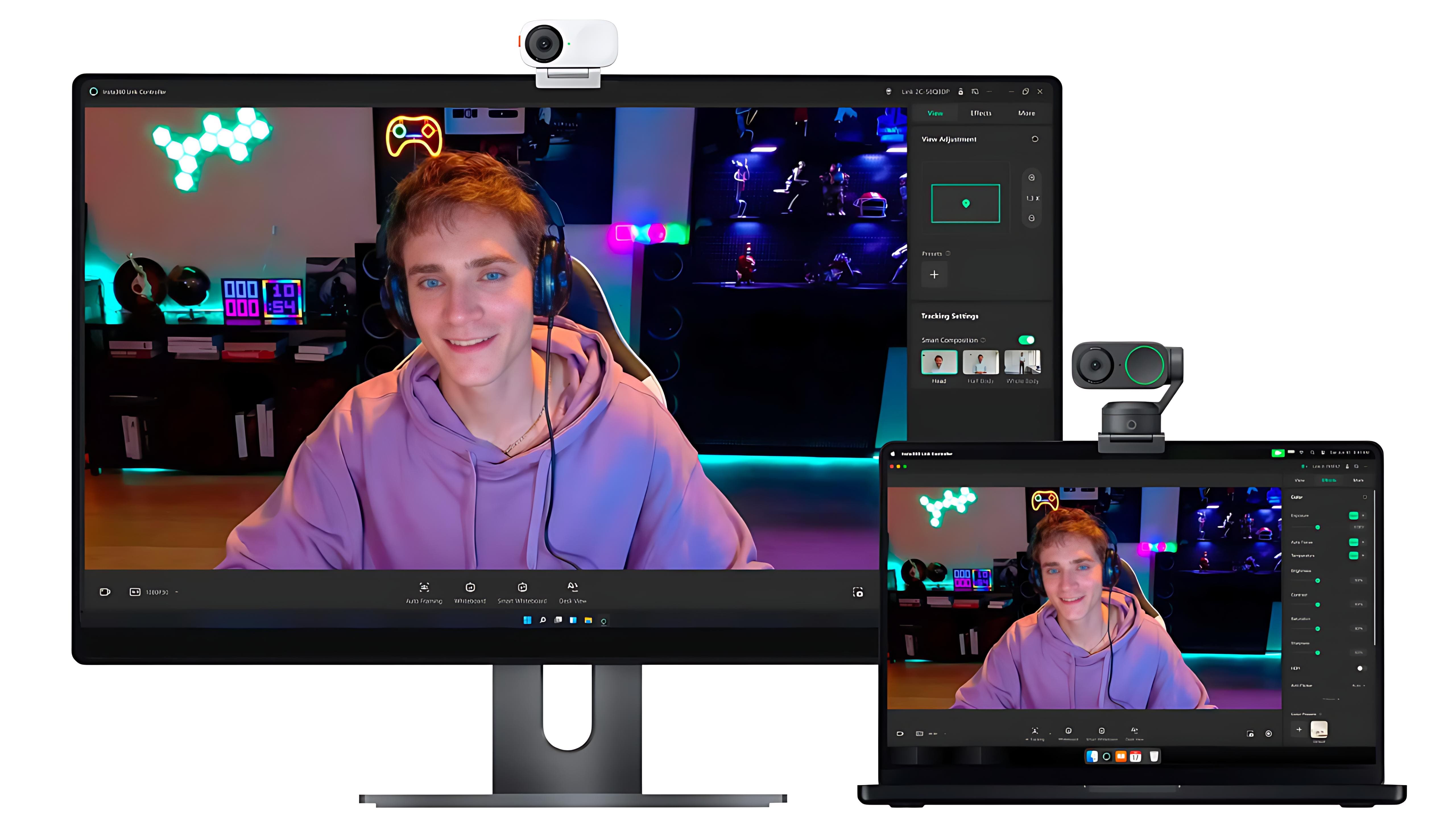 young gamer streaming games using insta link 2 and insta360 link 2c
