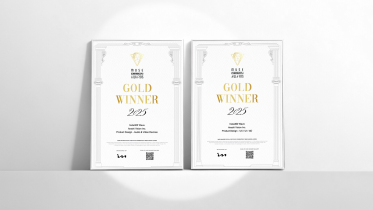 Two gold winner certificates from MUSE Design Awards for Insta360 Wave.