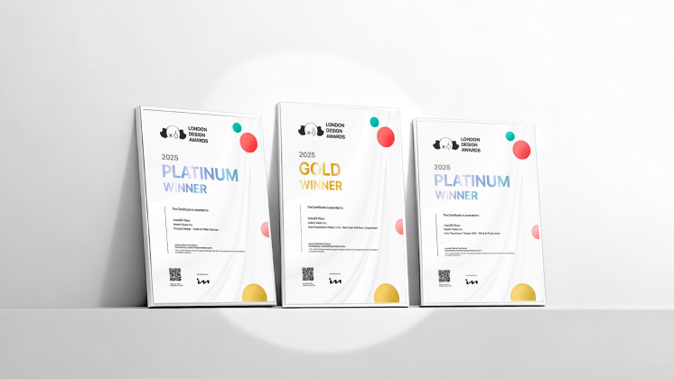 Three winning certificates from London's Design Awards for Insta360 Wave.