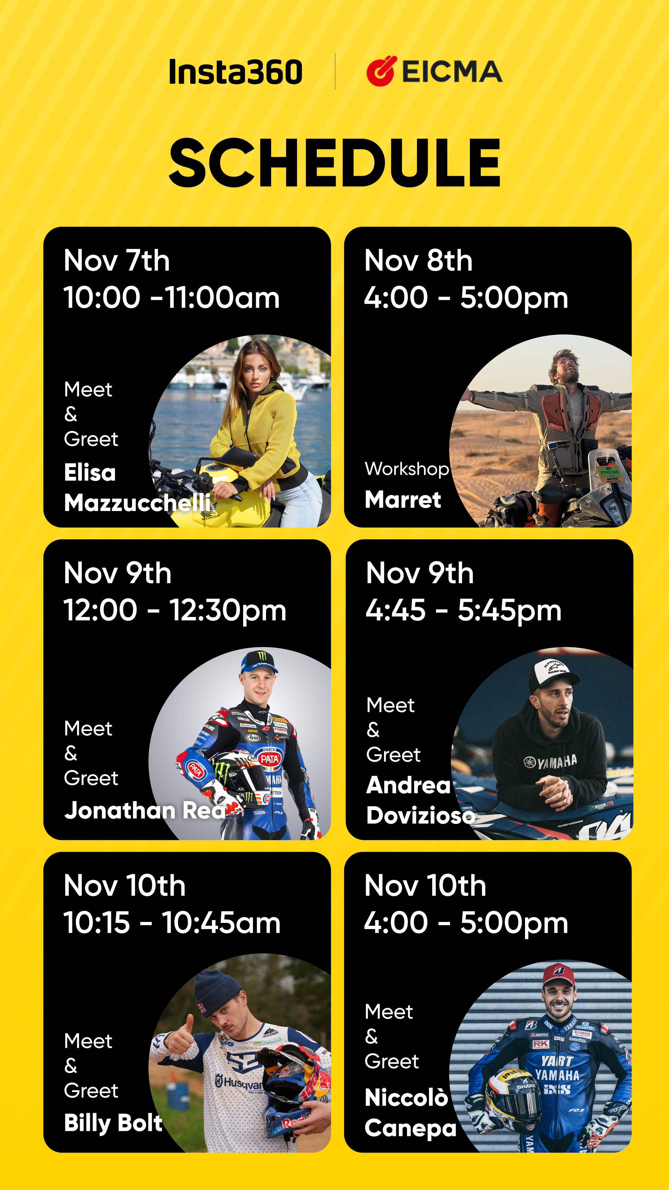 Insta360's EICMA influencer schedule.