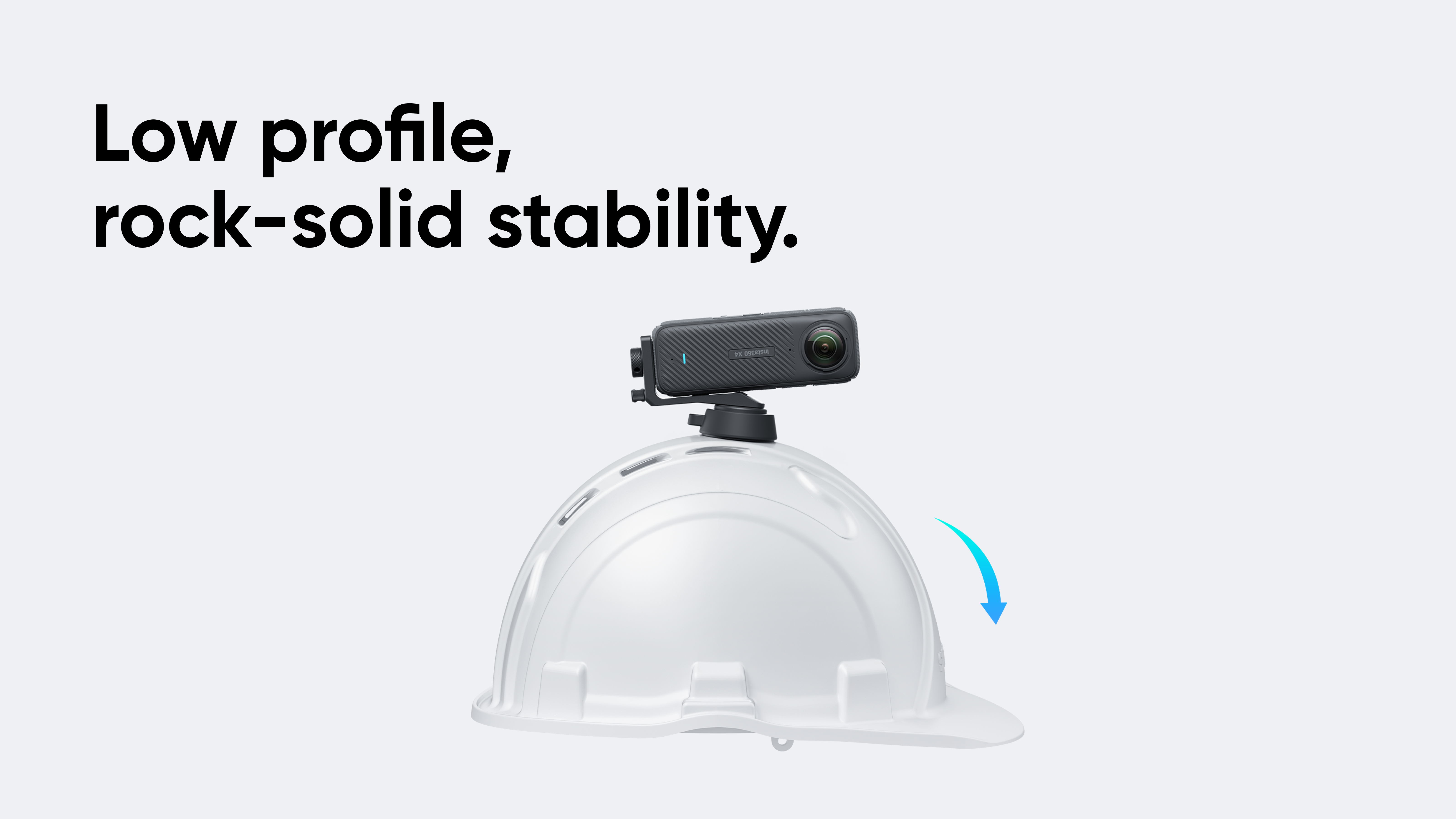 The new Insta360 Hard Hat Camera Mount with Insta360 X4 mounted horizontally to a hard hat.