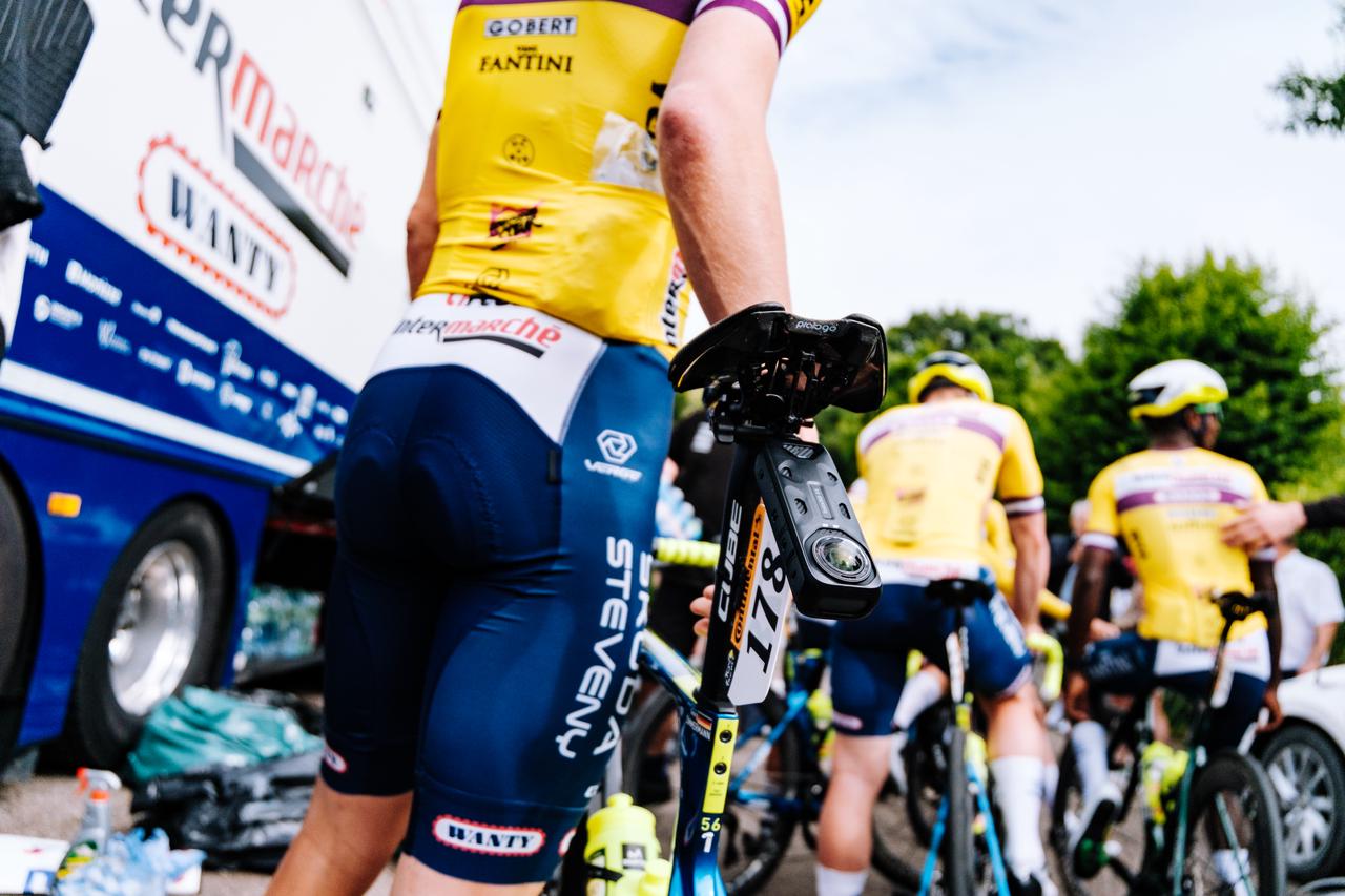 A shot of a Tour de France rider with Insta360 X4 mounted on the rear of the bike.