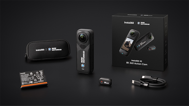 Contents of the Insta360 X5 BMW Motorrad Edition including camera, battery, mini remote, case, box, and cable.