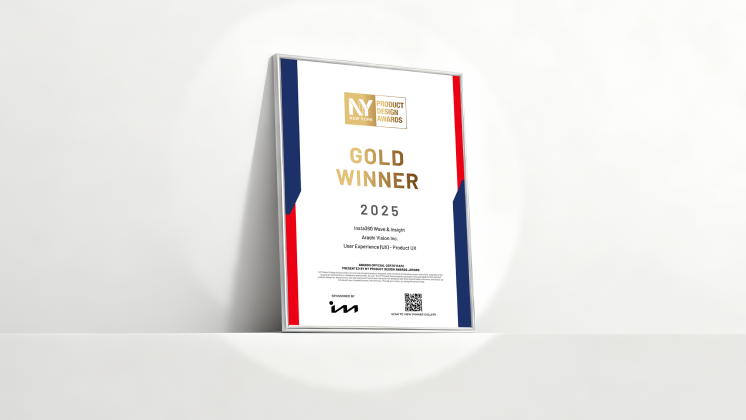 A gold winner certificate from New York Produce Design Awards for Insta360 Wave.