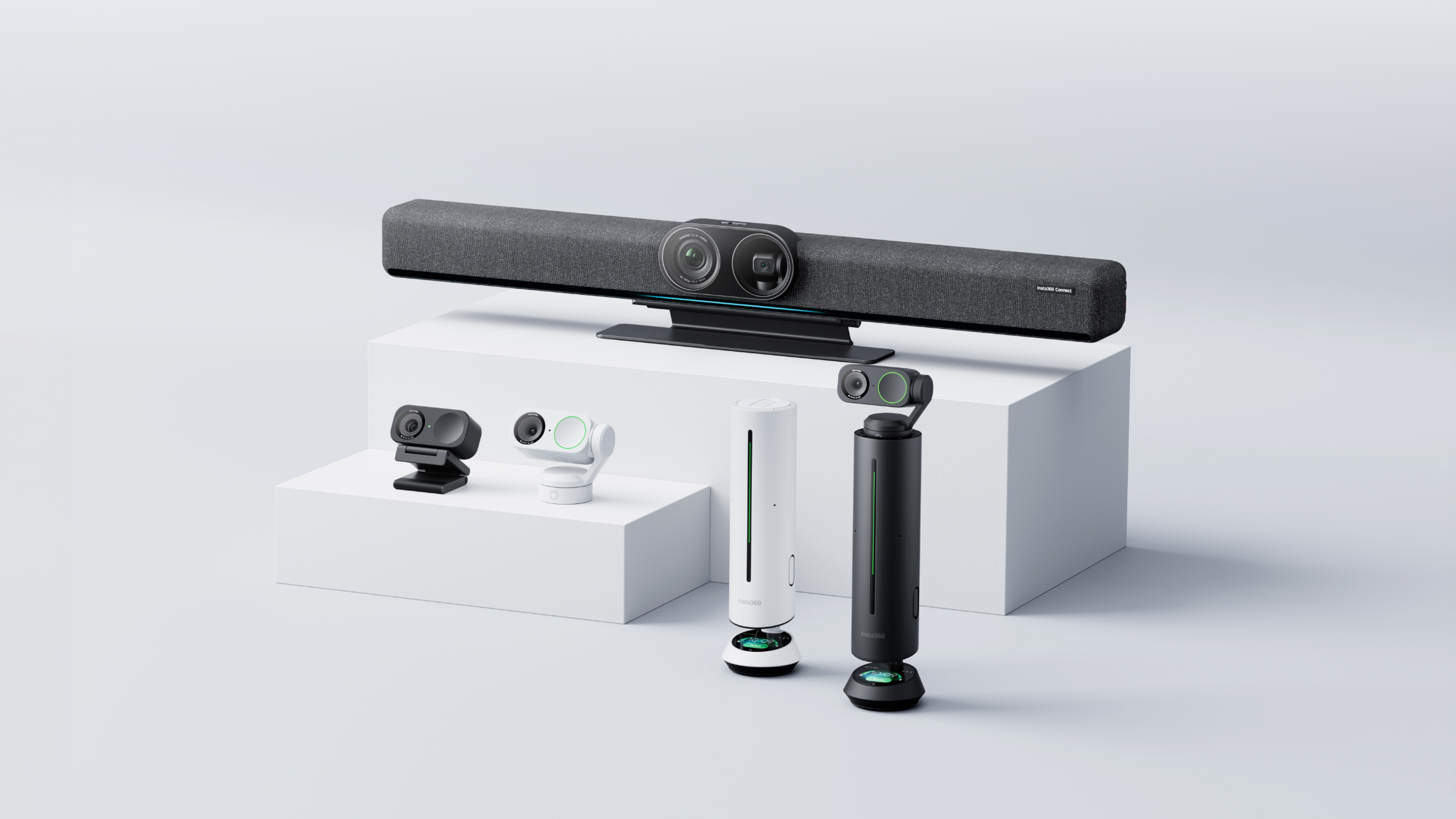 A display of the Insta360 products used for conferencing, including: Connect, Wave, Link 2C, and Link 2.
