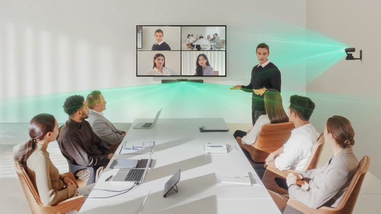 A meeting takes place with Insta360 Connect videobar and Link 2 webcam capturing multiple angles.