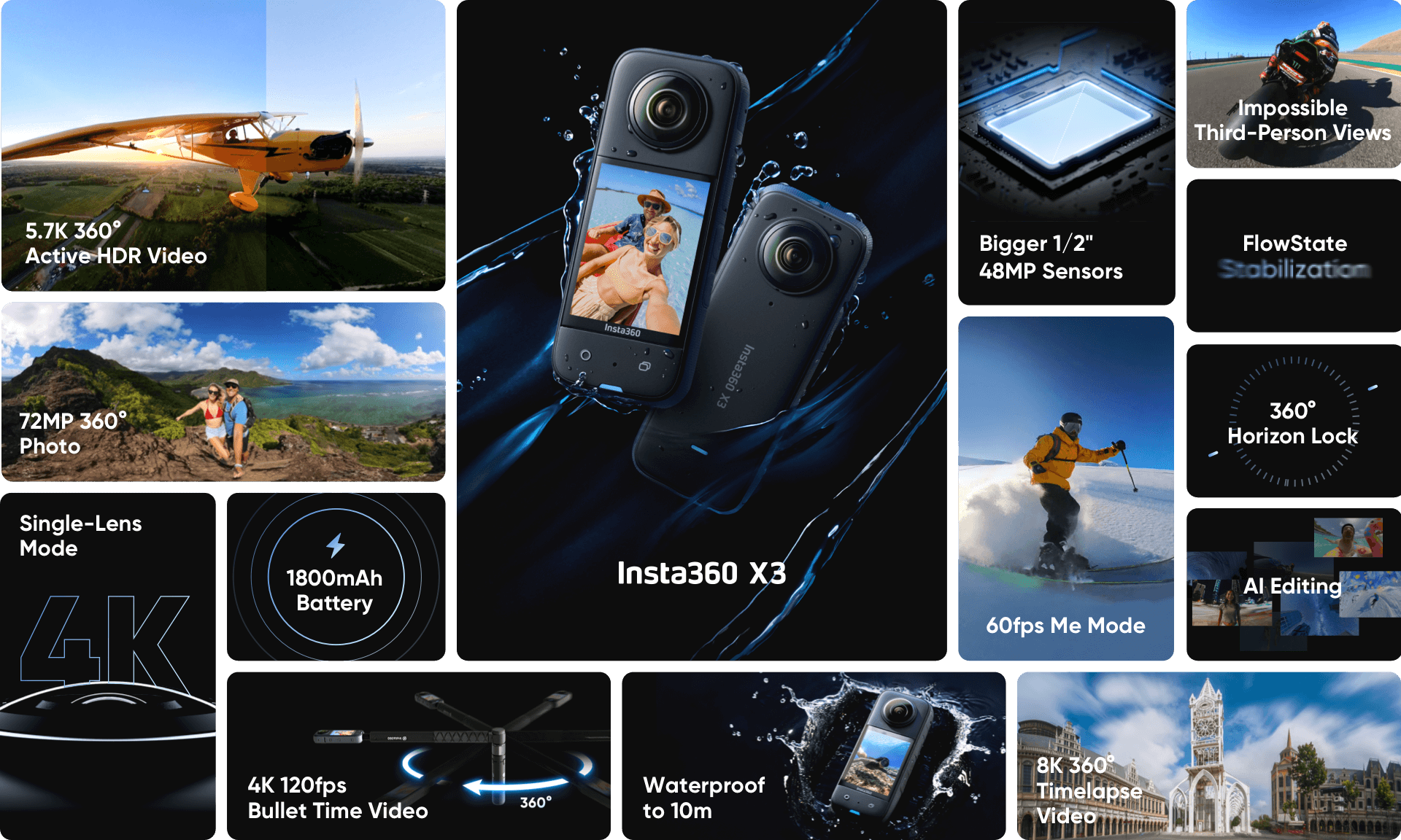 Insta360 X3 – caméra d'action 5.7K 360 4K/30, 72MP, enregistrement